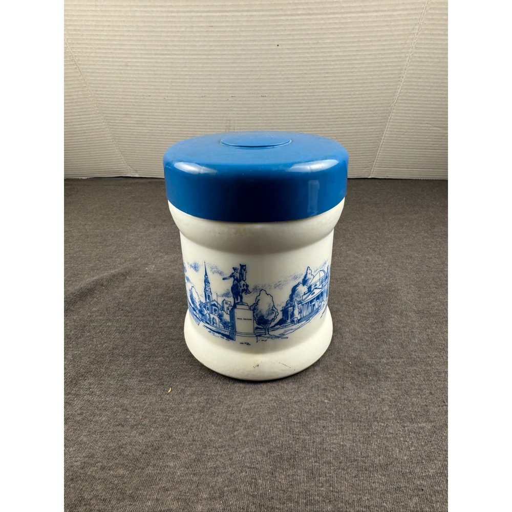 Vintage Blue White Ceramic Canister Pot Holder with Scenic‎ Landscape Design